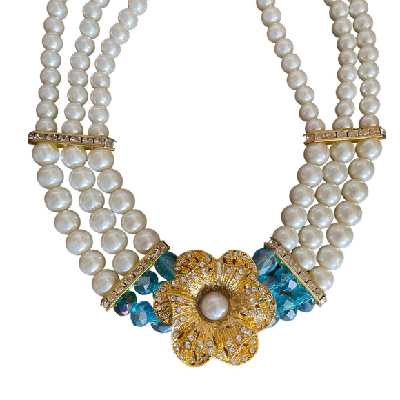 Multi-strand Pearl Necklace with Gold-tone and Rhinestone Flower - Picture 3 of 6
